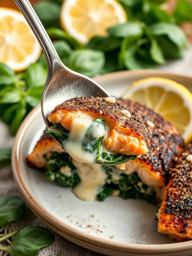 Blackened Salmon Stuffed with Spinach & Parmesan: A Bold Play of Fire, Fat, and Finesse Blackened Salmon Stuffed with Spinach & Parmesan: A Bold Play of Fire, Fat, and Finesse