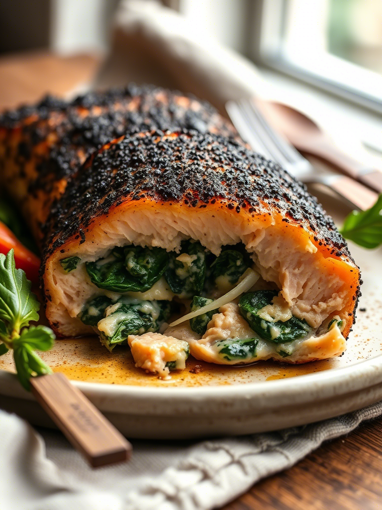 Blackened Salmon Stuffed with Spinach & Parmesan: A Bold Play of Fire, Fat, and Finesse Blackened Salmon Stuffed with Spinach & Parmesan: A Bold Play of Fire, Fat, and Finesse