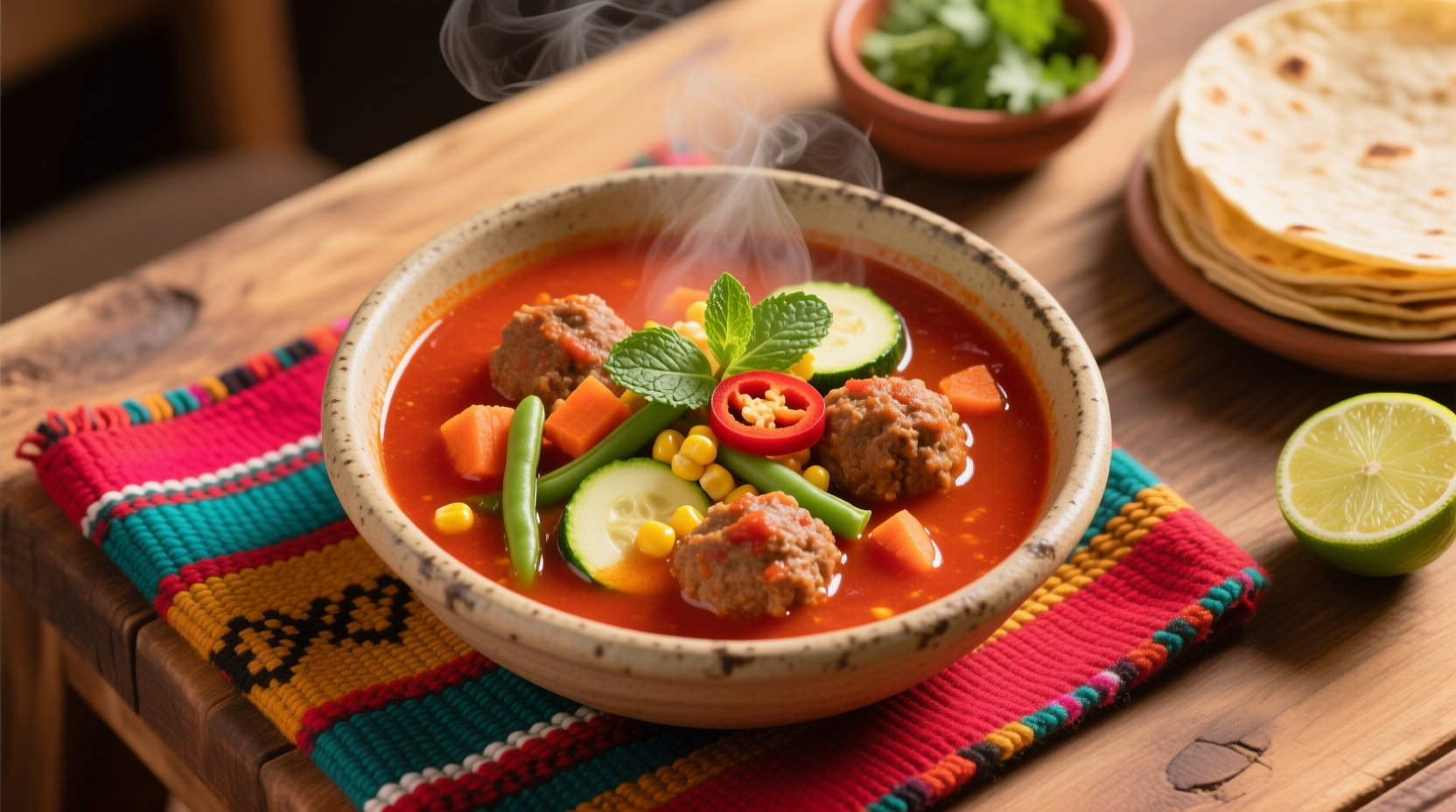 Traditional Mexican Albondigas Soup with Fresh Mint and Veggies: A Hearty Classic with a Herbal Twist