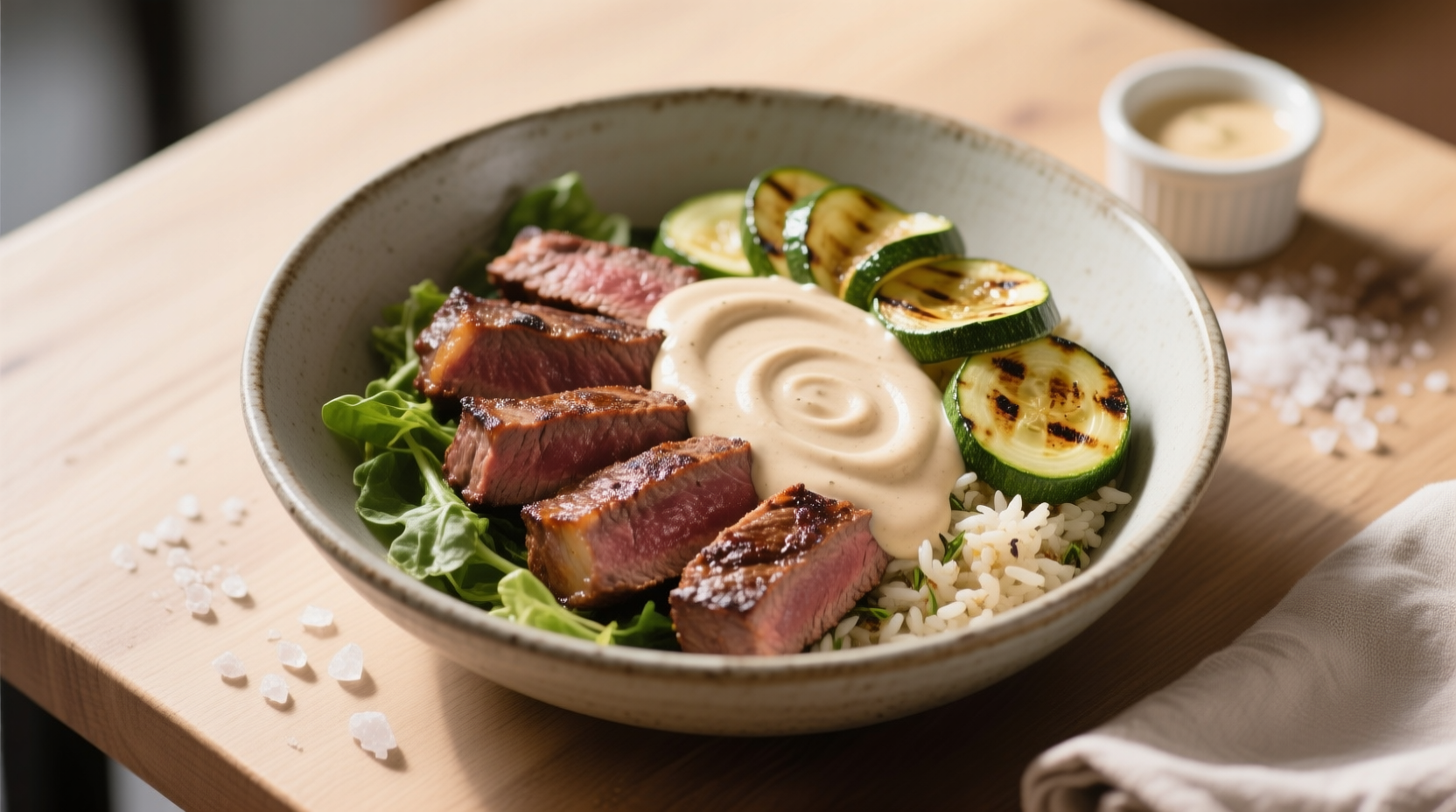 Grilled Steak Bowl with Creamy Sauce & Grilled Zucchini Recipe: A Masterclass in Balance and Flavor