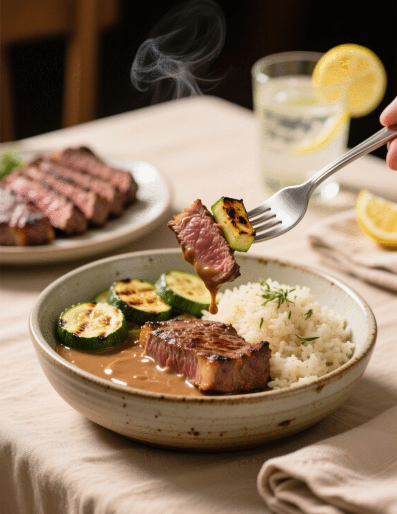Grilled Steak Bowl with Creamy Sauce & Grilled Zucchini Recipe: A Masterclass in Balance and Flavor