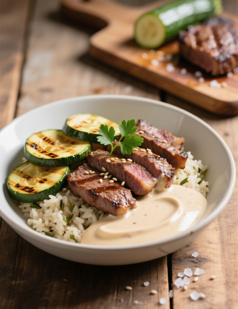 Grilled Steak Bowl with Creamy Sauce & Grilled Zucchini Recipe: A Masterclass in Balance and Flavor