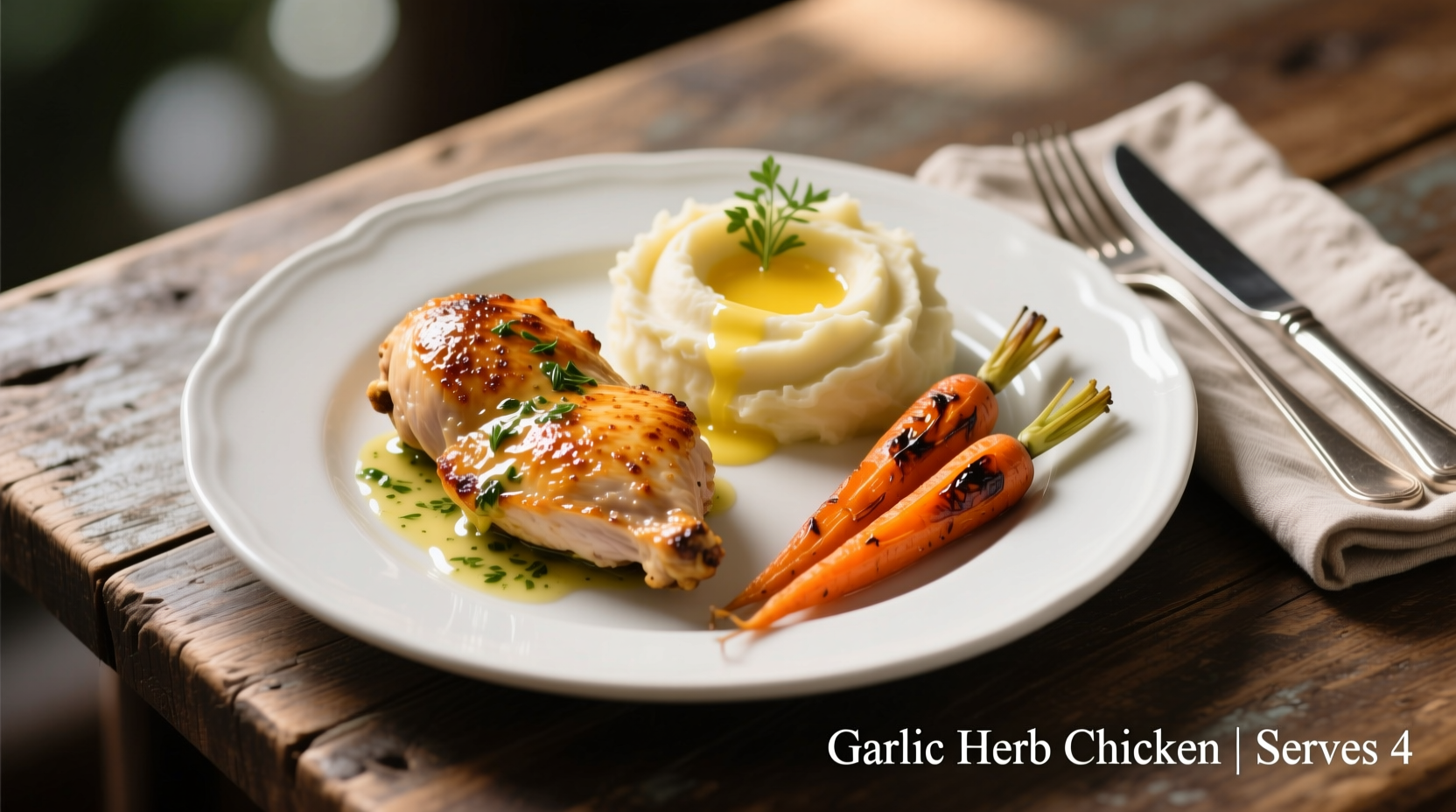 Garlic Herb Chicken with Creamy Mash & Roasted Carrots Recipe for 4 Servings